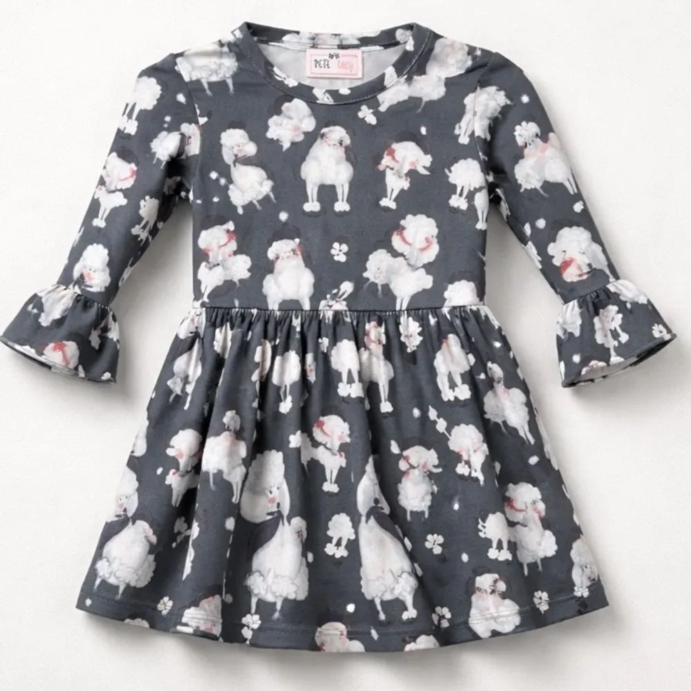 Pete & Lucy Gray and white poodle print twirl dress long sleeves size 6-12 month